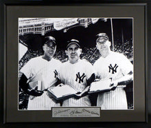 Load image into Gallery viewer, Joe Dimaggio, Yogi Berra, and Mickey Mantle Framed Photograph (Engraved Series)