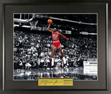 Load image into Gallery viewer, Michael Jordan "All-Star Free Throw Line Jam” Spotlight Framed Photograph (Engraved Series)