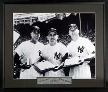 Load image into Gallery viewer, Joe Dimaggio, Yogi Berra, and Mickey Mantle Framed Photograph (Engraved Series)
