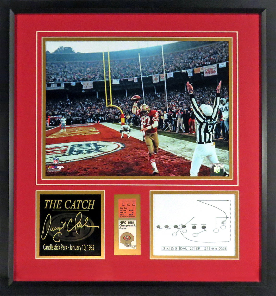 Dwight Clark “The Catch” Framed 11x14 Photo w/Replica Tix (Engraved Series)
