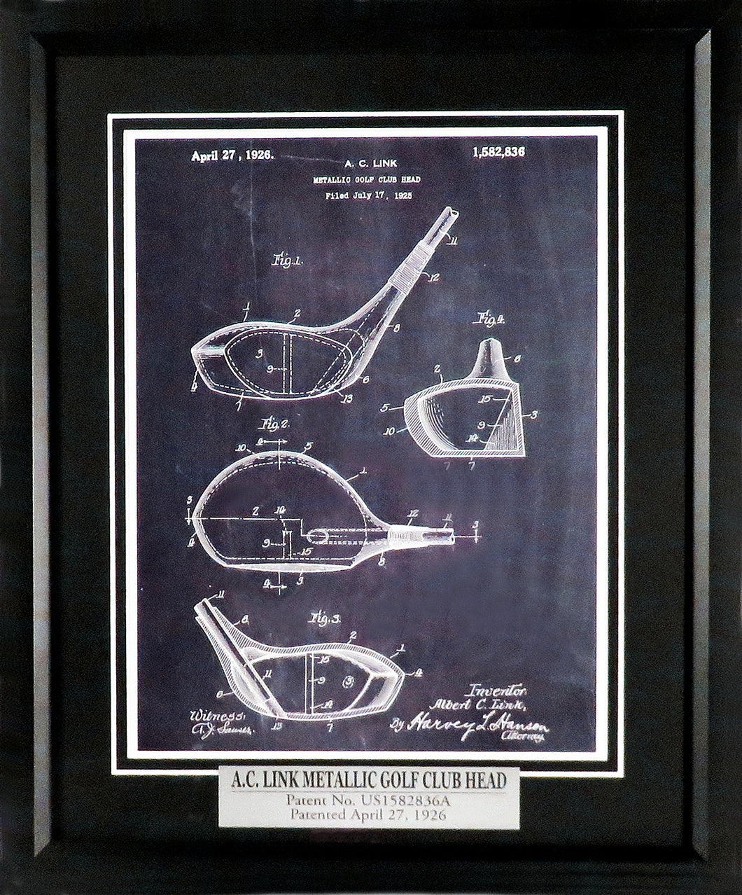 Golf Metallic Club Head Patent Framed Display (w/ Patent Number & Date Plate)