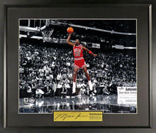 Load image into Gallery viewer, Michael Jordan &quot;All-Star Free Throw Line Jam” Spotlight Framed Photograph (Engraved Series)
