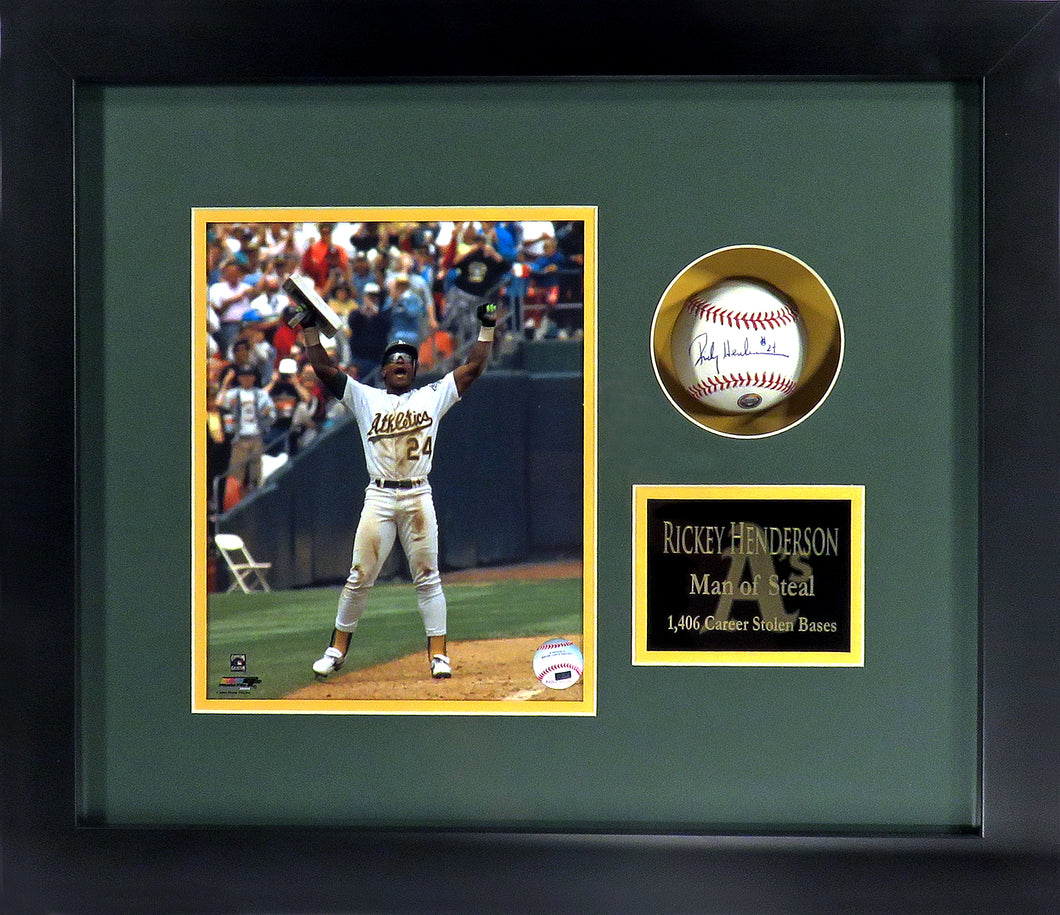 Oakland A's Rickey Henderson Autographed Baseball Shadowbox 