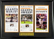 Load image into Gallery viewer, San Francisco Giants 2010-2012-2014 World Series Champions Mini-Newspaper Framed Display
