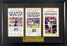 Load image into Gallery viewer, San Francisco Giants 2010-2012-2014 World Series Champions Mini-Newspaper Framed Display
