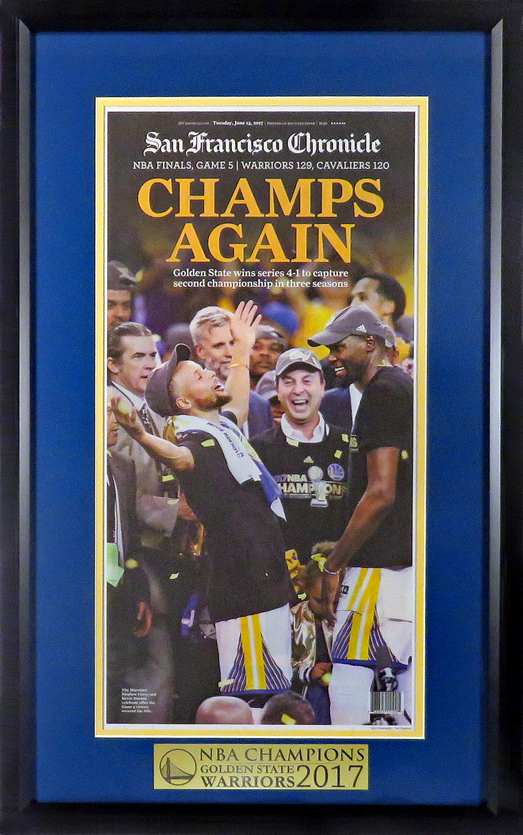 Golden State Warriors 2017 NBA Championship Newspaper Framed Display (Ft. Stephen Curry & Kevin Durant)